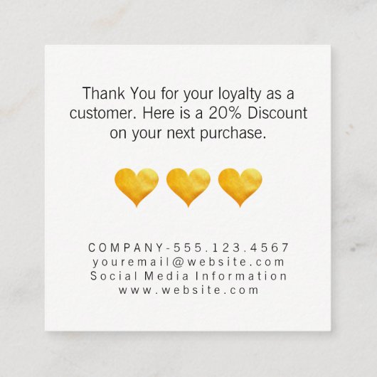 Carte De Réduction Merci des Coeurs Or mignons (Dos)