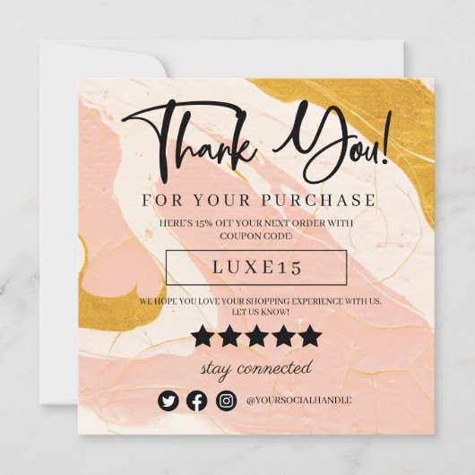 Carte de réduction Merci en marbre rose et or (Devant)