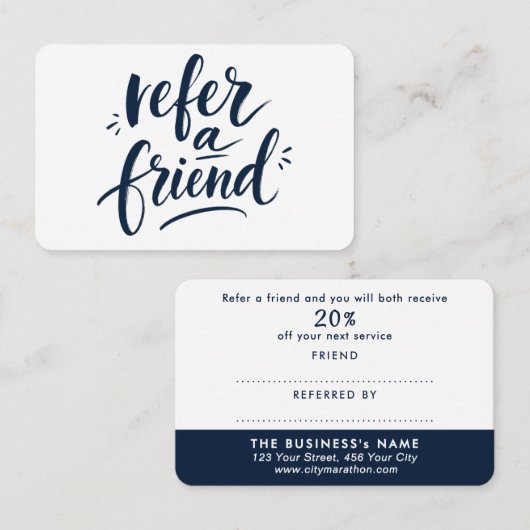 Carte de réduction moderne Navy Blue White Script (Devant / Derrière)
