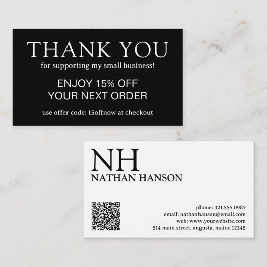 Carte De Réduction Monogramme noir simple moderne (Devant / Derrière)