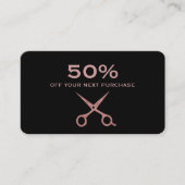 Carte De Réduction Noir simple avec des ciseaux roses d'or (Devant)