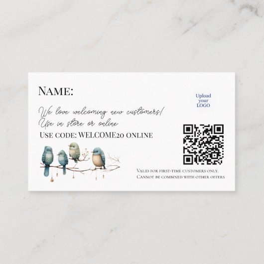 Carte De Réduction Premier client Oiseaux artisanaux Aquarelle (Dos)