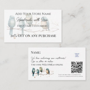 Carte De Réduction Premier client Oiseaux artisanaux Aquarelle