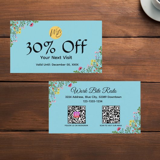 Carte De Réduction Restaurant moderne fleur sauvage Qr Code Menu et