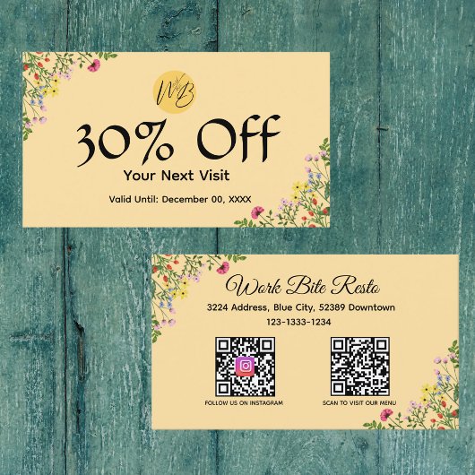 Carte De Réduction Restaurant moderne fleur sauvage Qr Code Menu et