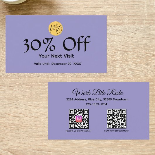 Carte De Réduction Restaurant moderne violet Qr Code Menu et