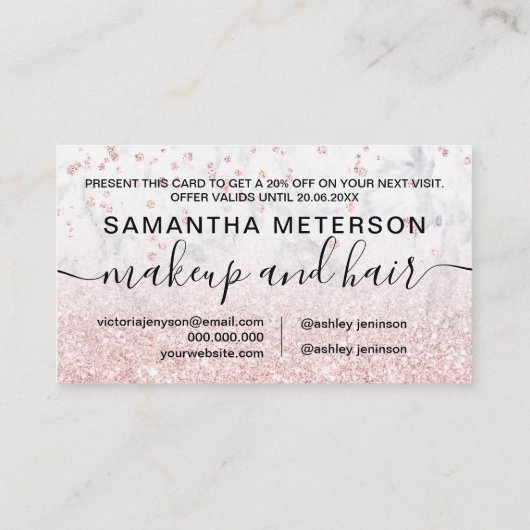 Carte De Réduction rose en or parties scintillant en marbre brillant (Dos)