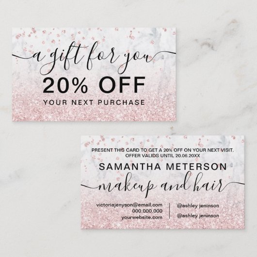 Carte De Réduction rose en or parties scintillant en marbre brillant  (Devant / Derrière)