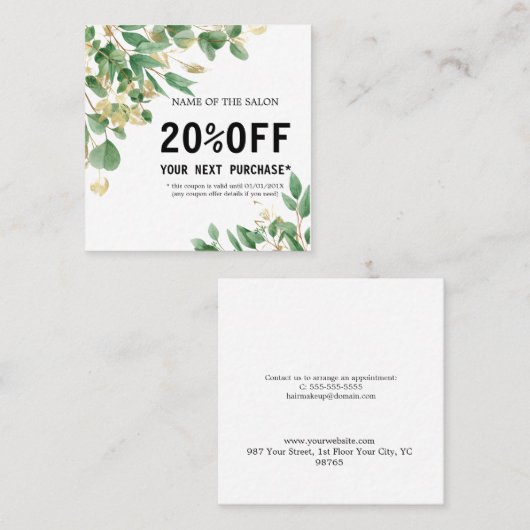 Carte De Réduction Salon de feuillage vert aquarelle (Devant / Derrière)