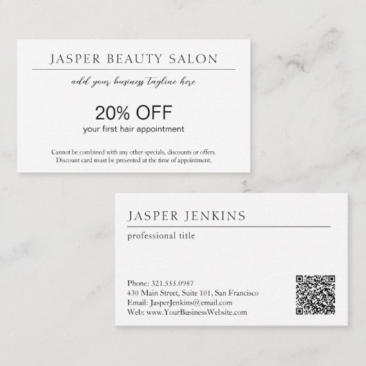 Carte De Réduction Simple élégant professionnel minimal QR Code moder (Devant / Derrière)