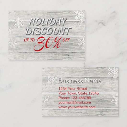 Carte De Réduction Snowflakes rustique en bois Festive Rouge Script (Devant / Derrière)