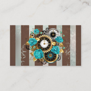 Carte De Réduction Steampunk Clock and Turquoise Roses on Striped