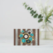 Carte De Réduction Steampunk Clock and Turquoise Roses on Striped (Debout devant)