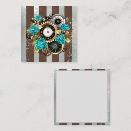Carte De Réduction Steampunk Clock and Turquoise Roses on Striped (Devant / Derrière)