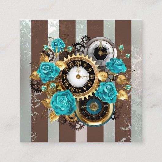 Carte De Réduction Steampunk Clock and Turquoise Roses on Striped (Devant)