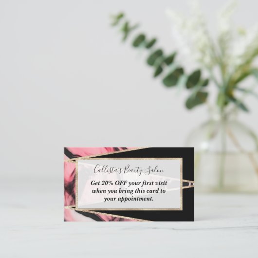 Carte De Réduction Triangles géométriques noirs en marbre rose (Debout devant)