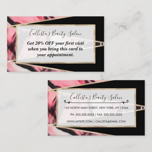 Carte De Réduction Triangles géométriques noirs en marbre rose (Devant / Derrière)