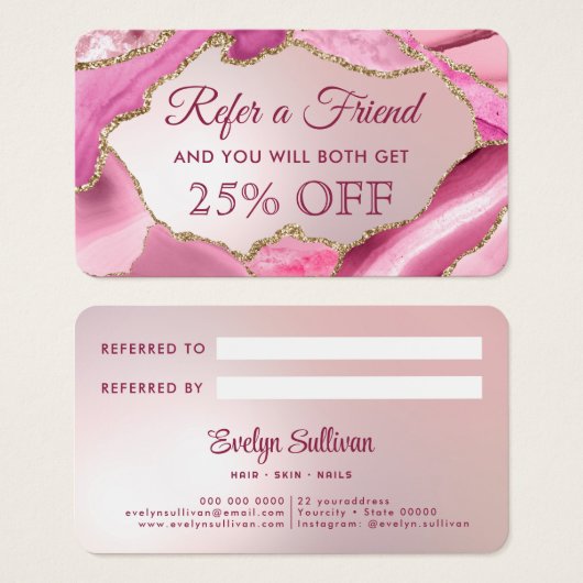 Carte de référence Pink Agate Faux Foil (Devant & derrière)