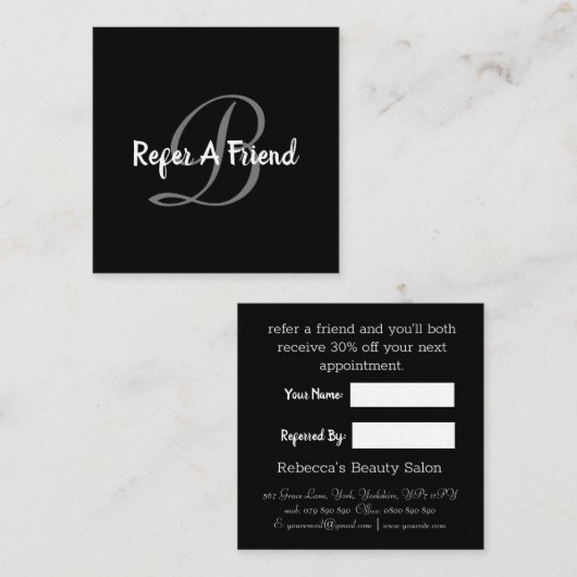 Carte de référence simple Monogramme noir et blanc (Devant / Derrière)