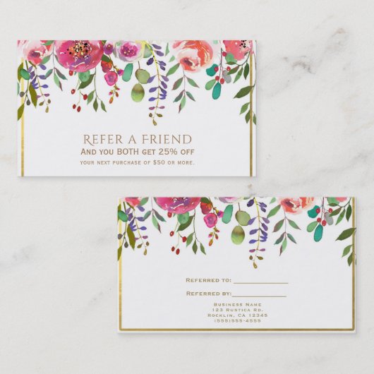 Carte De Référencement Aquarelle Fleurs florales Moderne Référer un ami (Devant / Derrière)