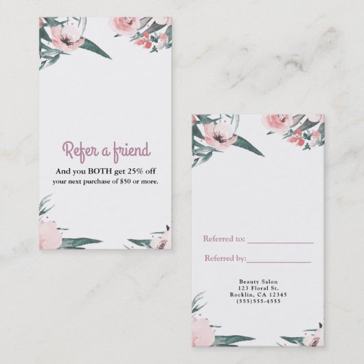 Carte De Référencement Aquarelle florale rose moderne Référer un ami (Devant / Derrière)