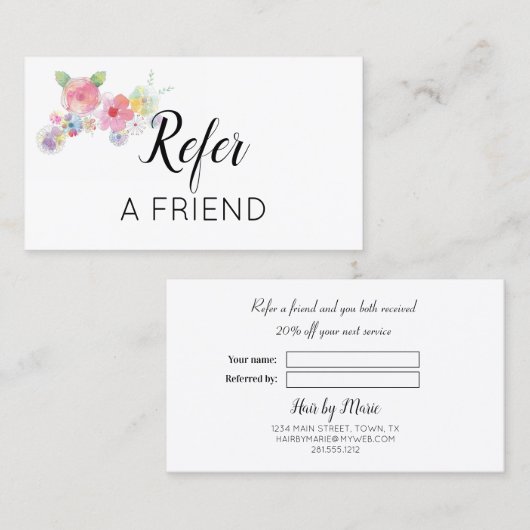 Carte De Référencement Aquarelle rose Floral recommander un ami (Devant / Derrière)