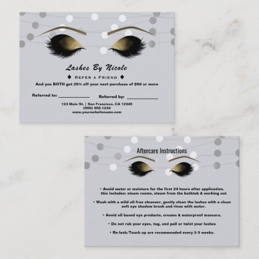 Carte De Référencement Argent Blanc Lumière Lashes Amis Aftercare (Devant / Derrière)