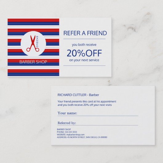 Carte De Référencement Barber marine blanche rayé moderne aiguillage (Devant / Derrière)