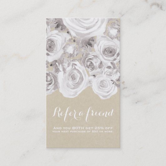 Carte De Référencement Blanc Rustique Roses d'hiver Kraft Floral Chic (Devant)