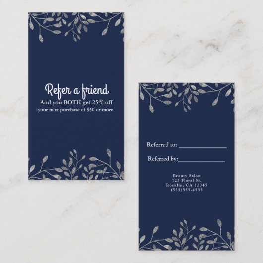 Carte De Référencement Bleu & Argent Botanique Moderne Chic Référer un am (Devant / Derrière)