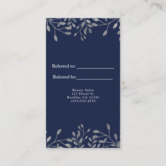 Carte De Référencement Bleu & Argent Botanique Moderne Chic Référer un am (Dos)