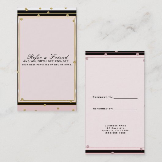 Carte De Référencement Blush Pink & Gold Confetti Moderne Référer un ami (Devant / Derrière)