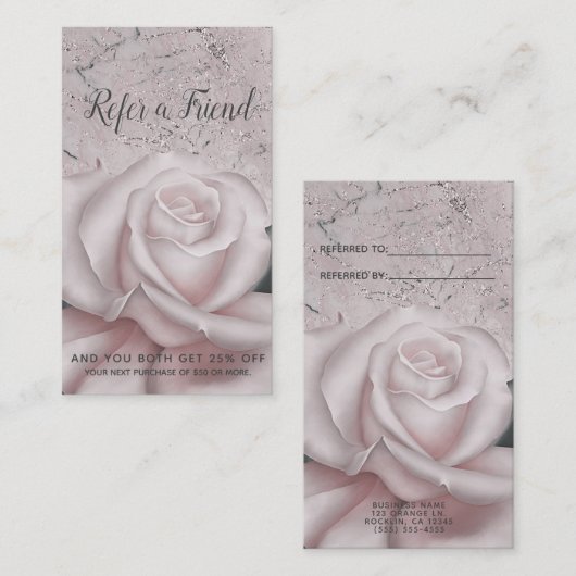 Carte De Référencement Blush White Rose Glam Marbre moderne Référer un am (Devant / Derrière)