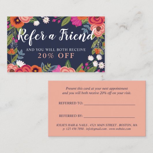 Carte De Référencement Boho Floral Frame - Bleu Marine Référer Un Ami (Devant / Derrière)