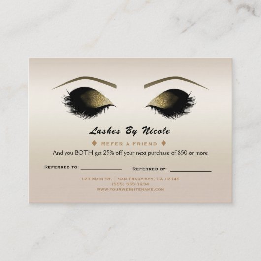 Carte De Référencement Champagne Pearl Lashes Référez Ami Aftercare (Devant)