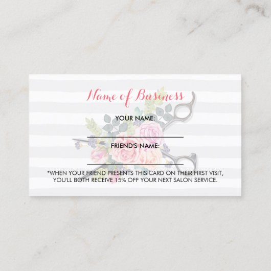 Carte De Référencement Chic Ciseaux Stripes et Rose Friend Referend (Dos)