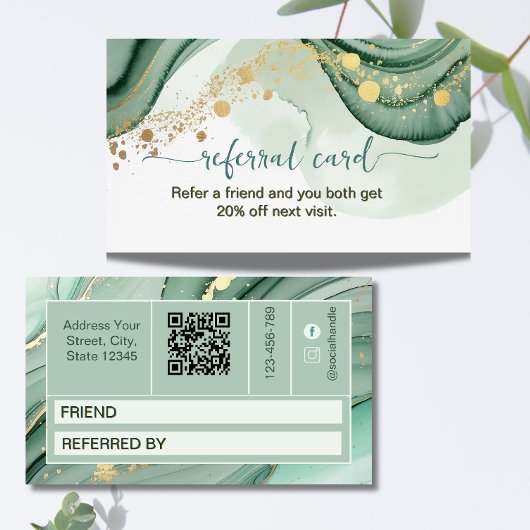Carte De Référencement Code QR aquarelle vert sauge or 