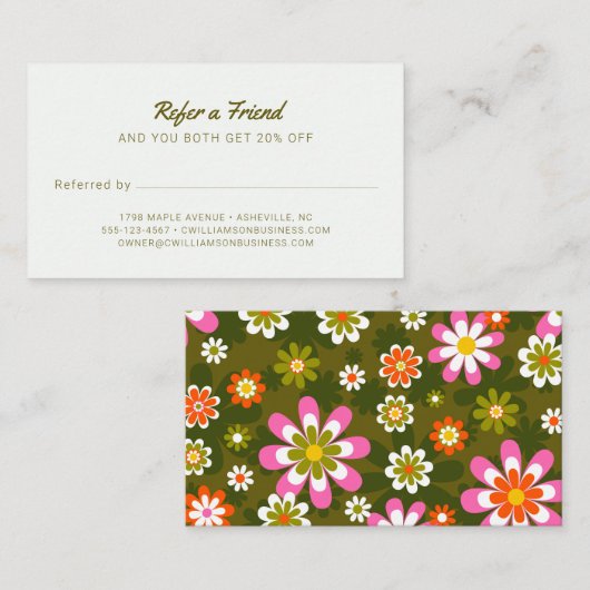 Carte De Référencement Coiffeur Rétro Groovy Daisy Vert Olive Rose (Devant / Derrière)