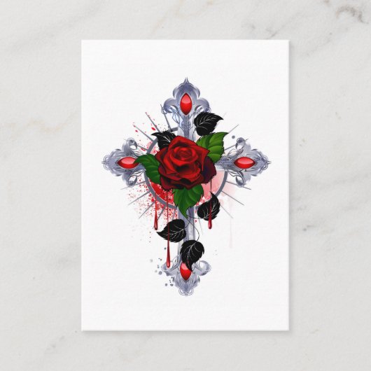 Carte De Référencement Croix d'argent avec une rose rouge (Devant)