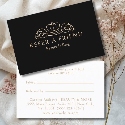 Carte De Référencement Elegant Crown Logo Salon Black Beige