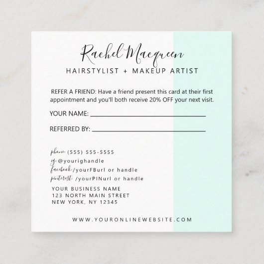 Carte De Référencement Élégant minimal Mint Vert blanc Script (Dos)