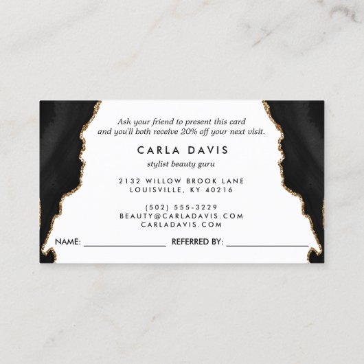 Carte De Référencement Élégant Noir Or Agate Marbre Moderne (Dos)