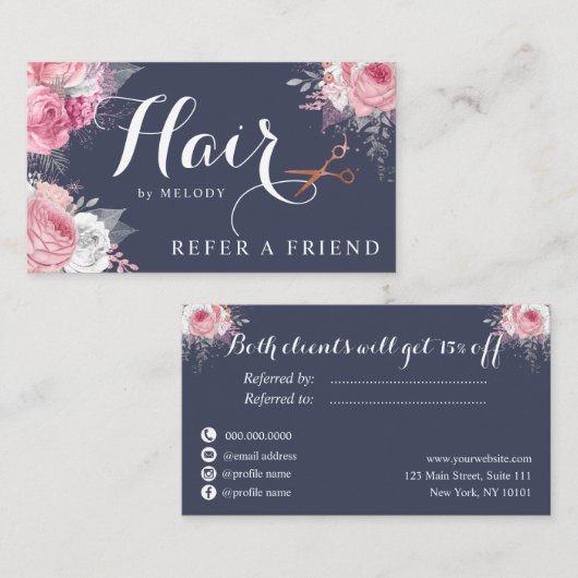 Carte De Référencement Elégant rose en cuivre ciseaux en or coiffeuse (Devant / Derrière)