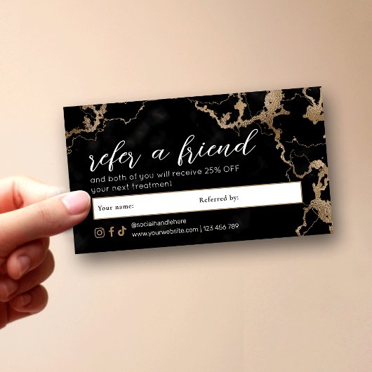 Carte De Référencement Elegant Script Gold & Black Marble Beauty Salon