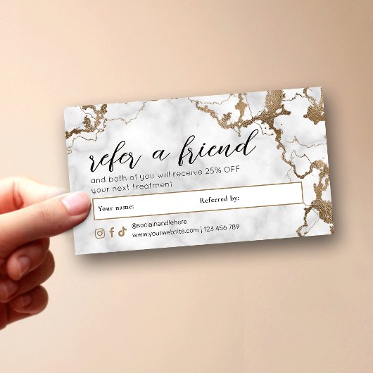 Carte De Référencement Elegant Script Gold Marble Spa Nails Beauty Salon