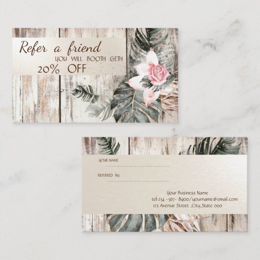 Carte De Référencement Élégant, Texture de bois, Rayures, Roses de feuill (Devant / Derrière)