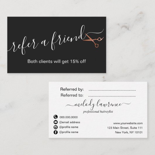 Carte De Référencement Elégante coiffeuse rose en cuivre (Devant / Derrière)