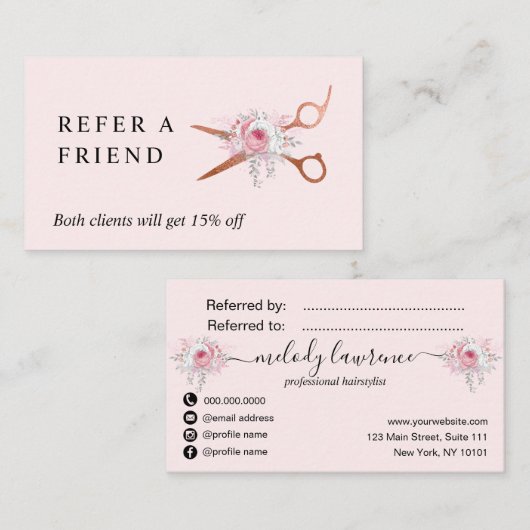 Carte De Référencement Elégante coiffeuse rose en cuivre (Devant / Derrière)