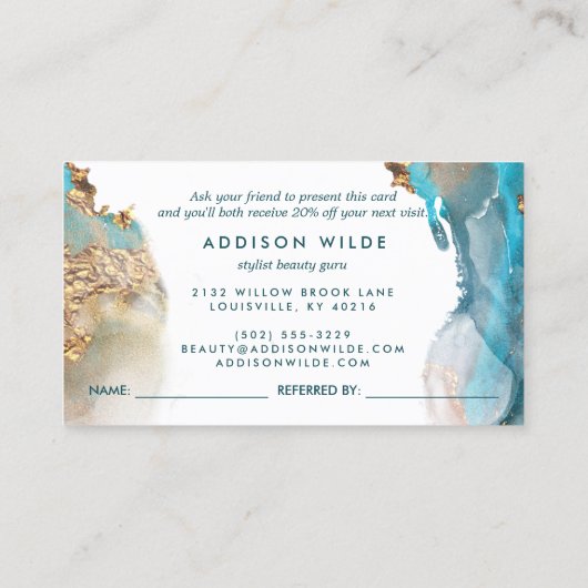 Carte De Référencement Encre D'Aquarelle Liquide D'Art Moderne Bleu Et Or (Dos)