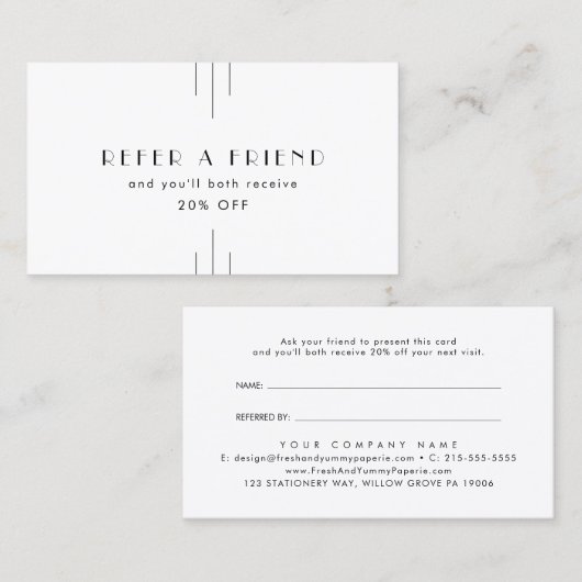 Carte De Référencement EVERLY Art Deco White Black Refer A Friend (Devant / Derrière)